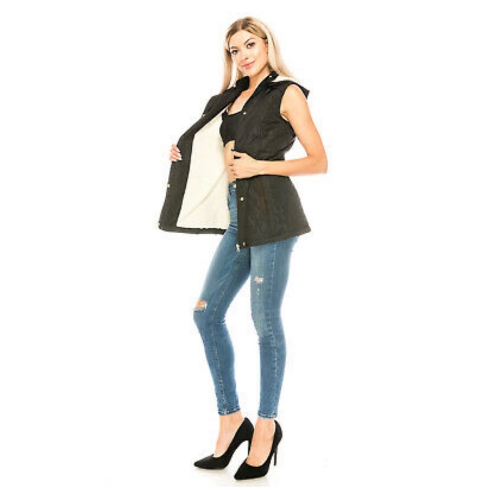 Sherpa Lined Fitted Adjustable Tunic Black Vest with Hood Parka Style Nylon NEW